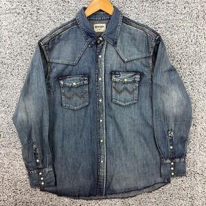 Wrangler Shirt Mens XL Blue Denim Western Snap Button Up Long Sleeve Two Pocket